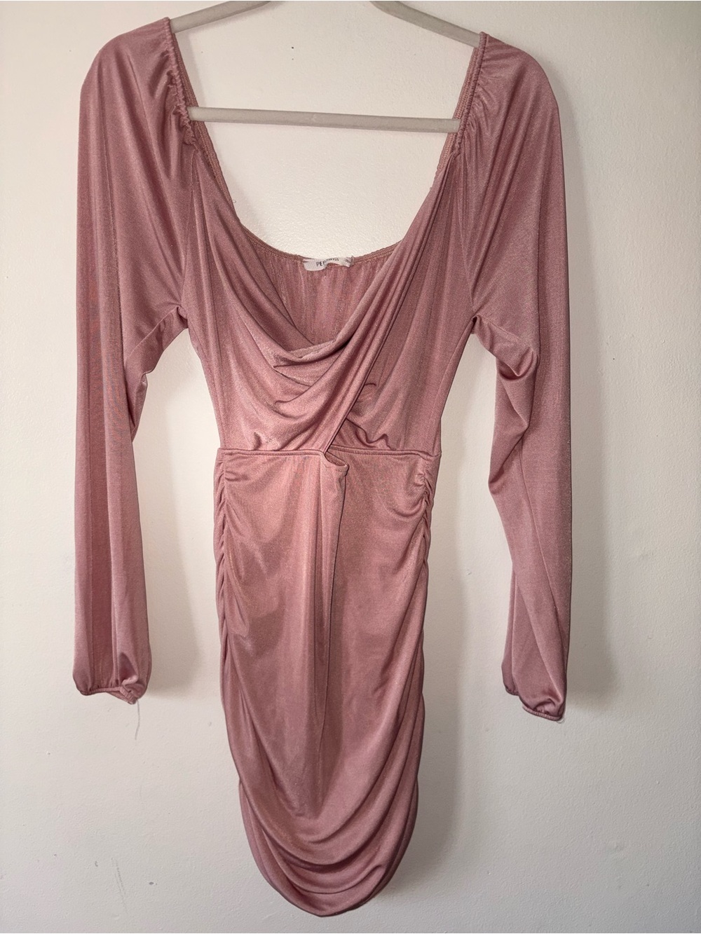 Persaya shimmery Pink Long Sleeve Draped twisted keyhole Dress